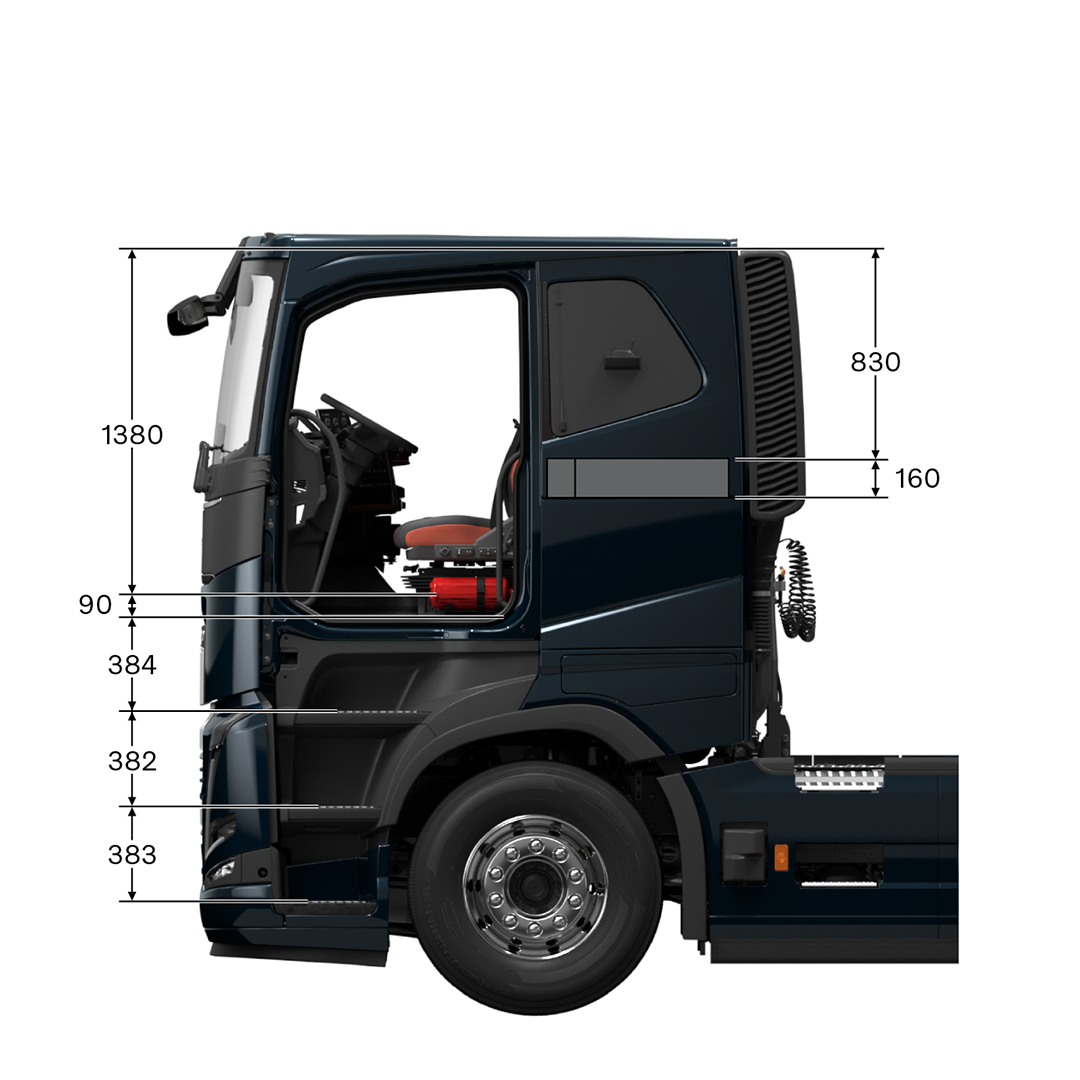 Volvo FH16 low sleeper cab with measurements, viewed from the side