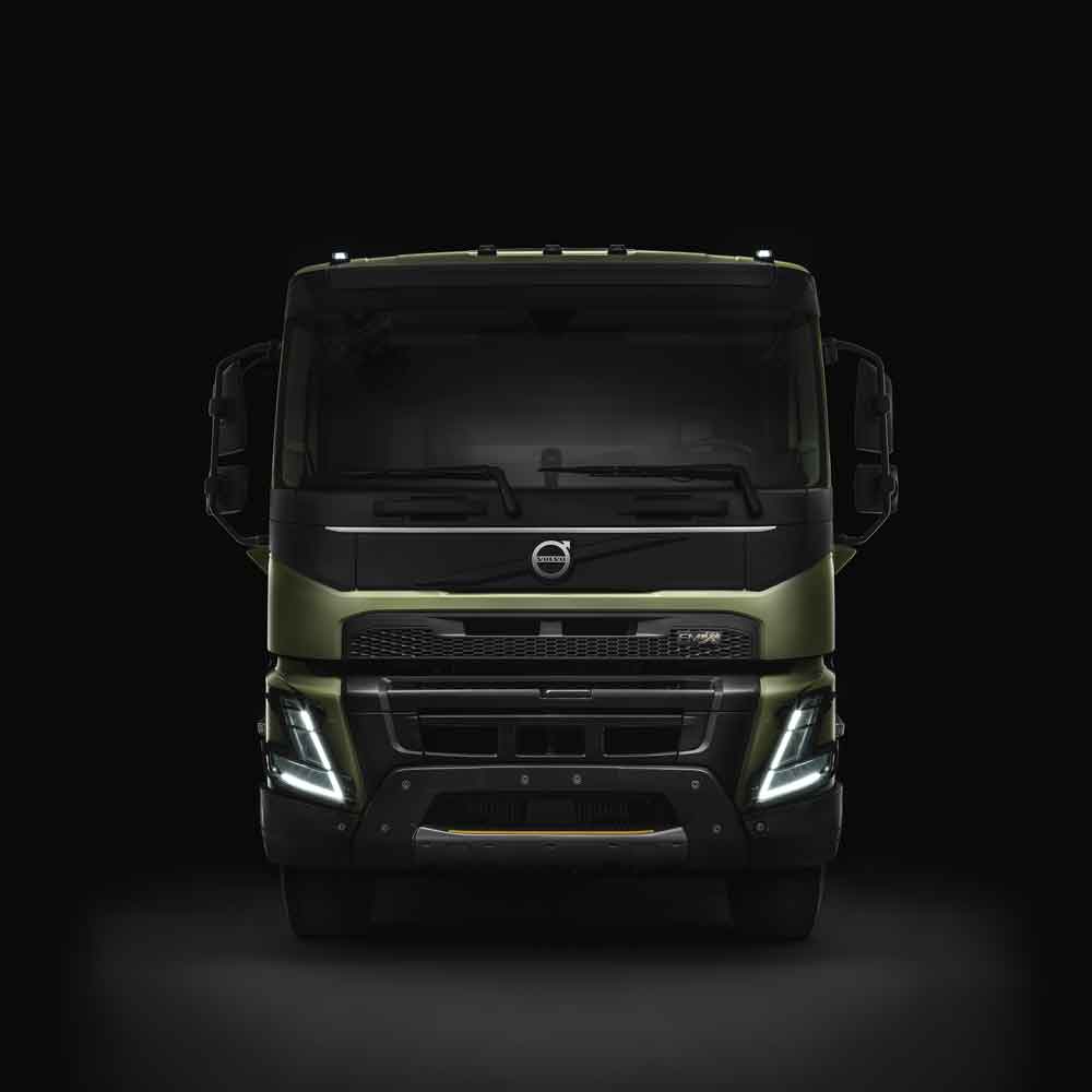 The Volvo FMX with a dark background